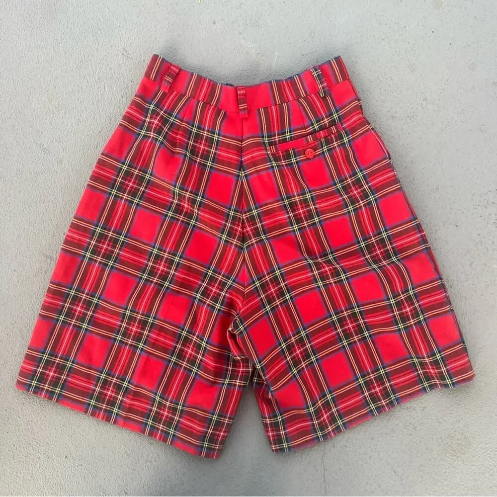 Vintage 90s Karen Scott Red Tartan Plaid Pleated High Waist Golf Mom Shorts 10